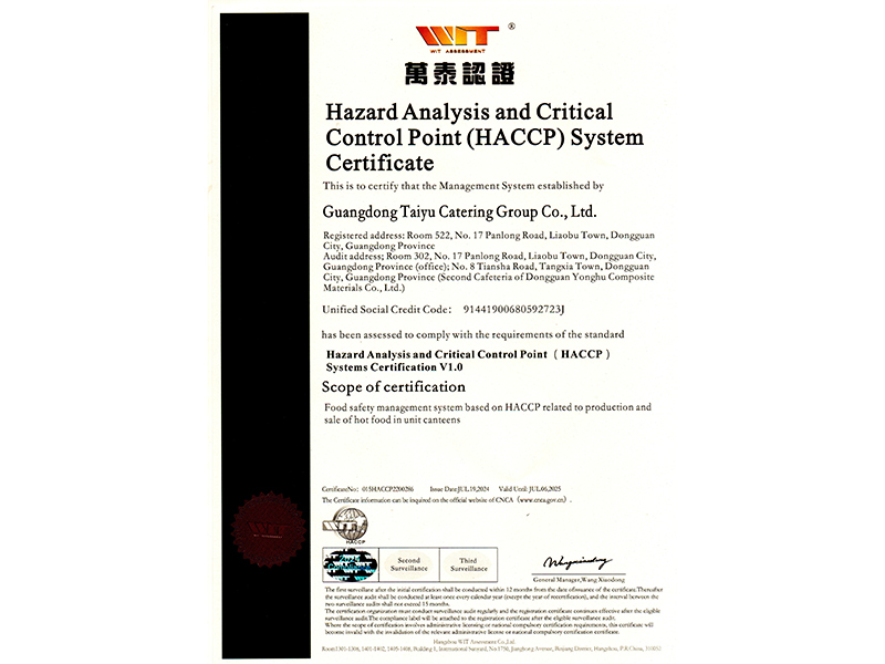危害分析与关键控制点(HACCP)体系认证英文证书